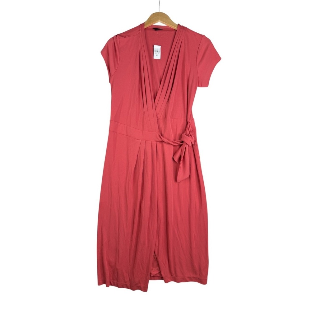 New Ann Taylor Womens Short Sleeve Pleated Wrap Dress Size 8 Tall Coral Red